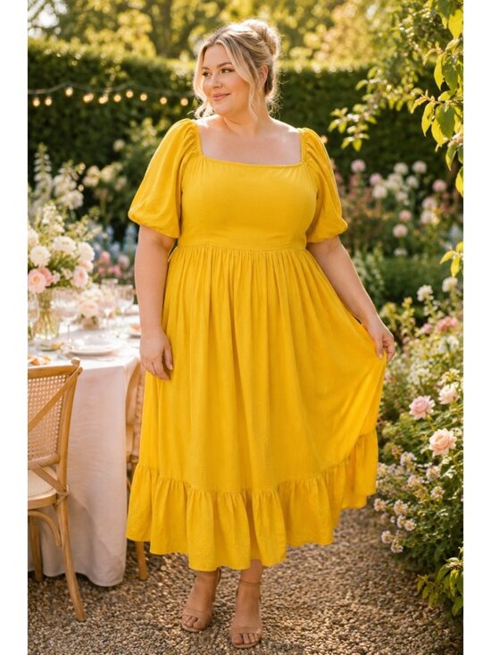 Jessakae Collection Dresses & Skirts - Jessakae Collection Mustard Yellow Midi Dress XL Square Neck Smocked Back Rayon